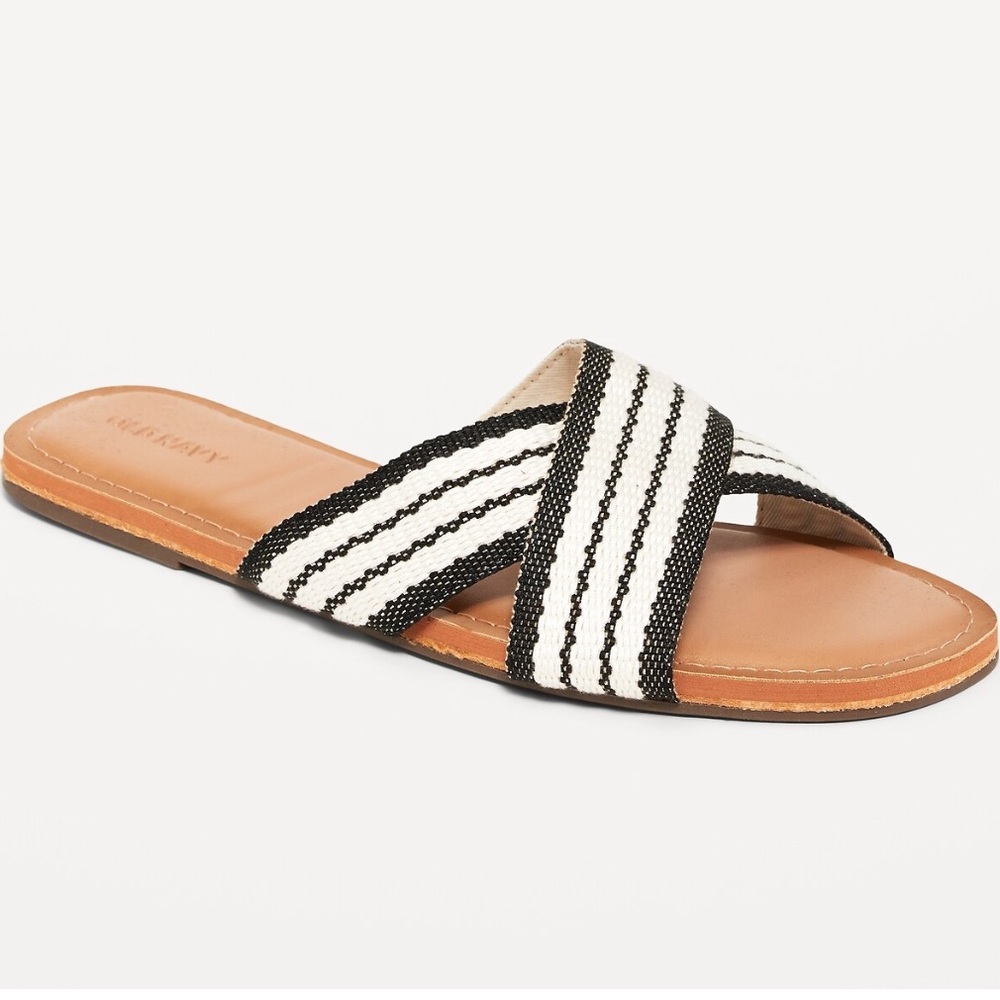 Black Stripe Woven Cross-Strap Sandals
